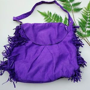 Purple vegan faux suede fringe boho bag